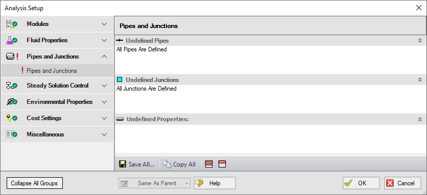 The default state of the Pipes and Junctions panel in Analysis Setup.